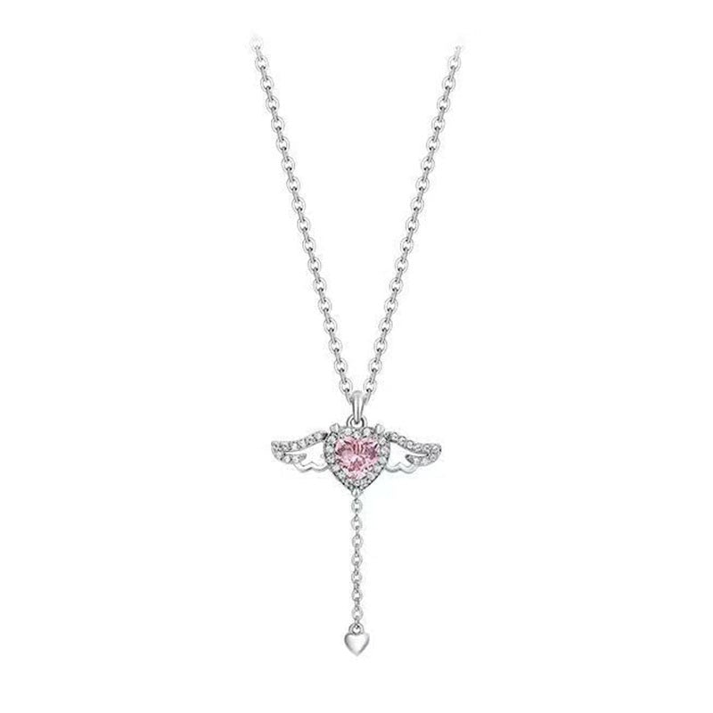 Pink Crystal Heart Angel Wings Pendant Necklace