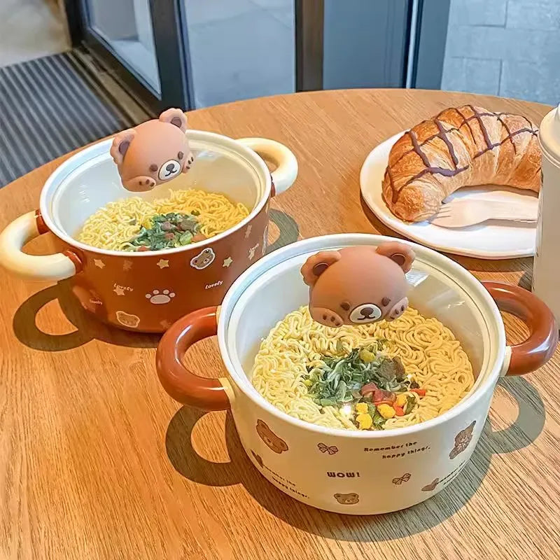 Ceramic Bear Ramen Bowl With Lid