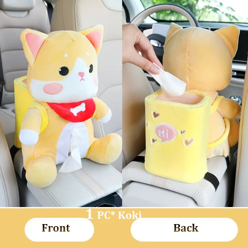 Plush Animal Car Tissue Box & Garbage Can