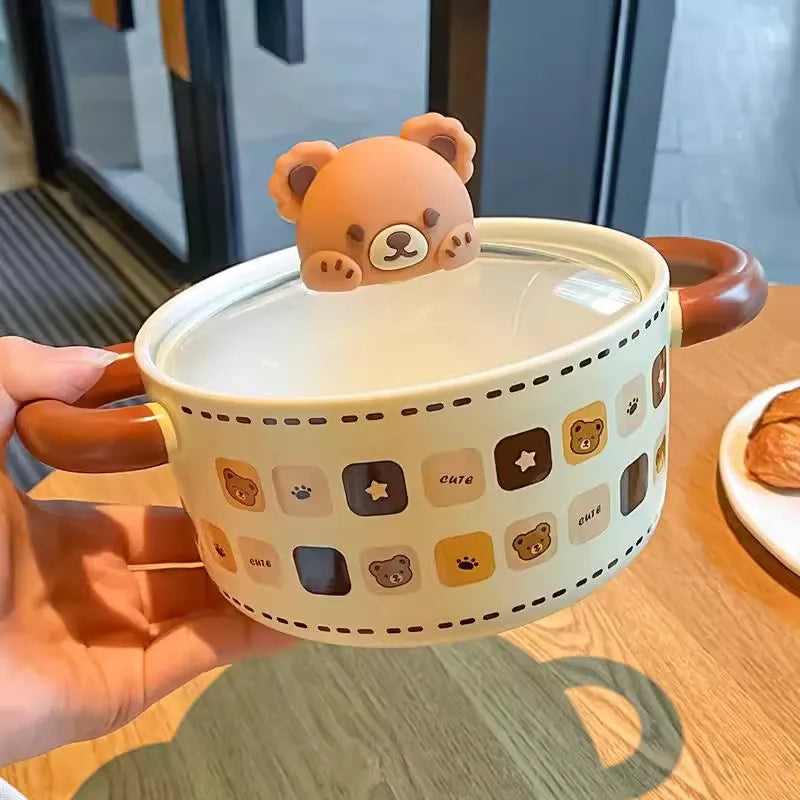 Ceramic Bear Ramen Bowl With Lid