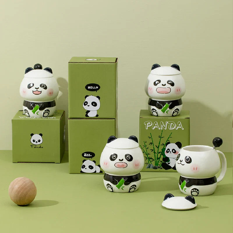 Ceramic Panda Mugs With Lid & Spoon