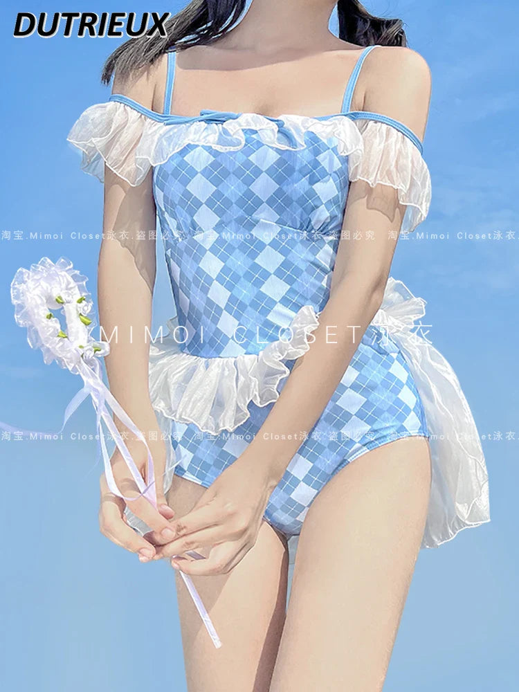 Cute Blue Argyle One Piece Swimsuit