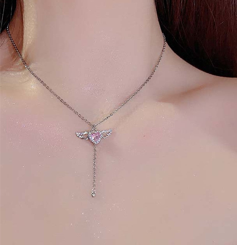 Pink Crystal Heart Angel Wings Pendant Necklace