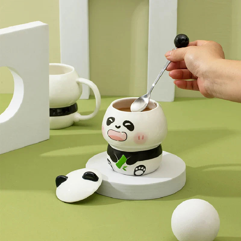 Ceramic Panda Mugs With Lid & Spoon