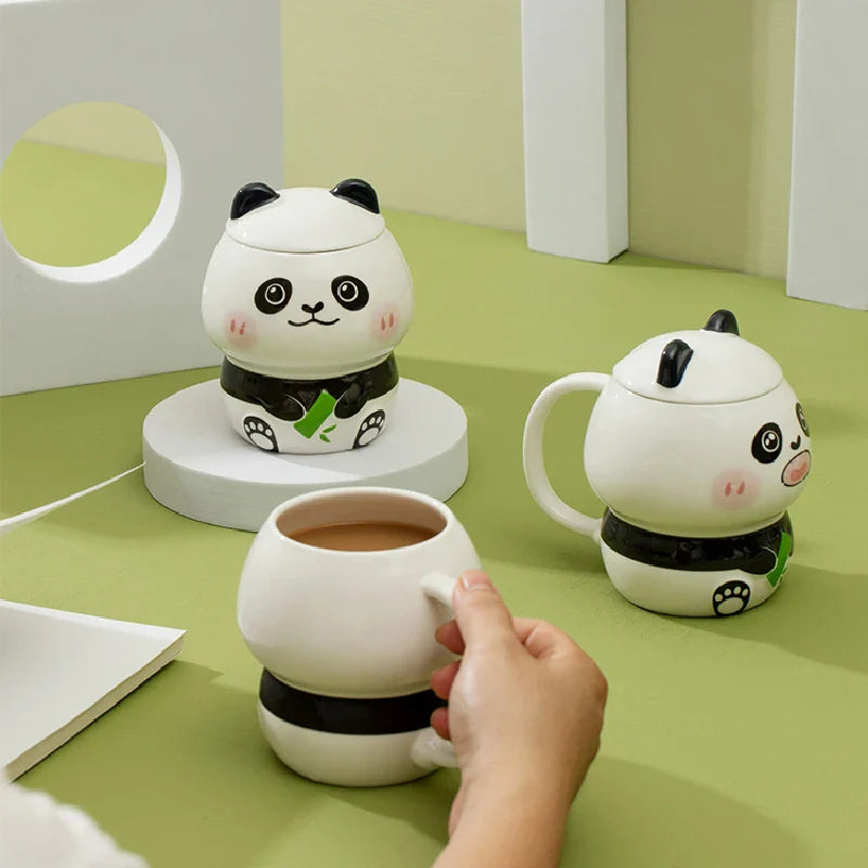 Ceramic Panda Mugs With Lid & Spoon