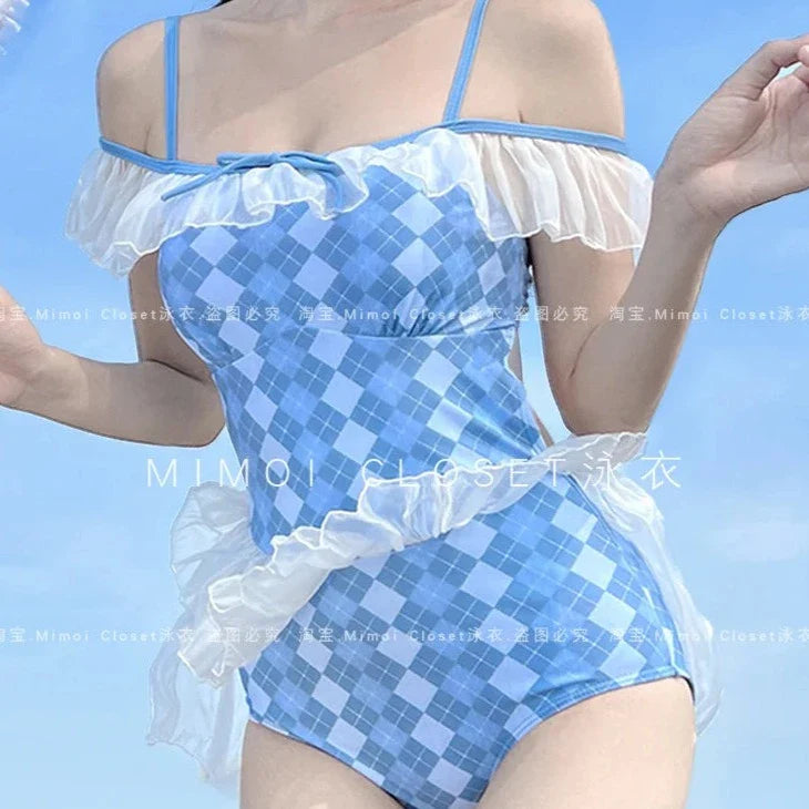 Cute Blue Argyle One Piece Swimsuit