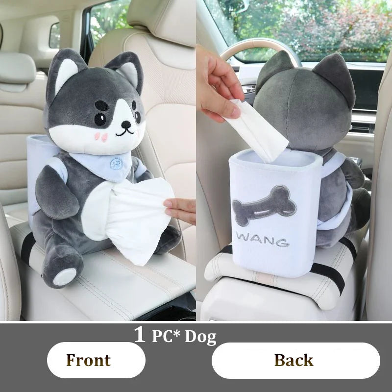 Plush Animal Car Tissue Box & Garbage Can