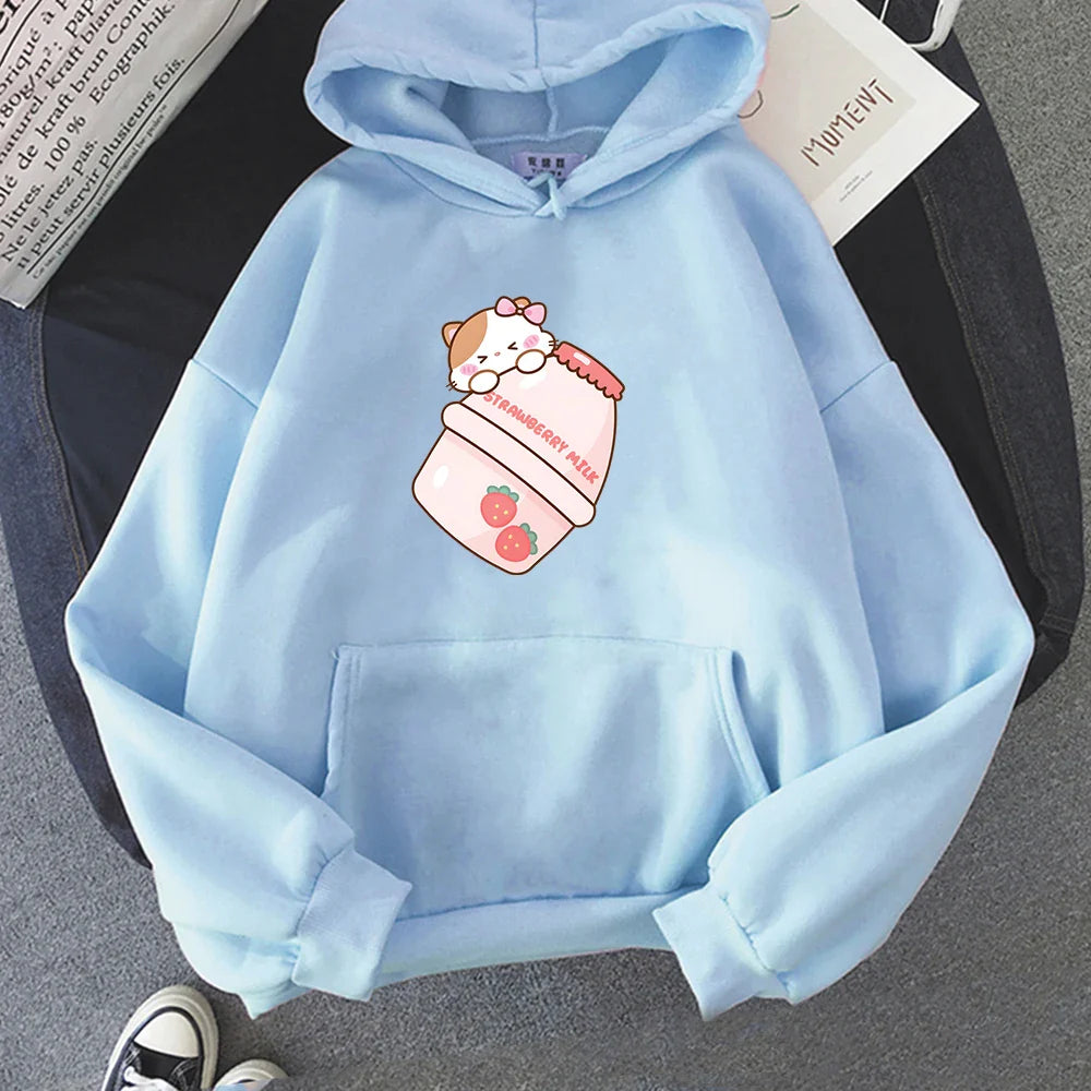 Cute Strawberry Milk Kitty Hoodie