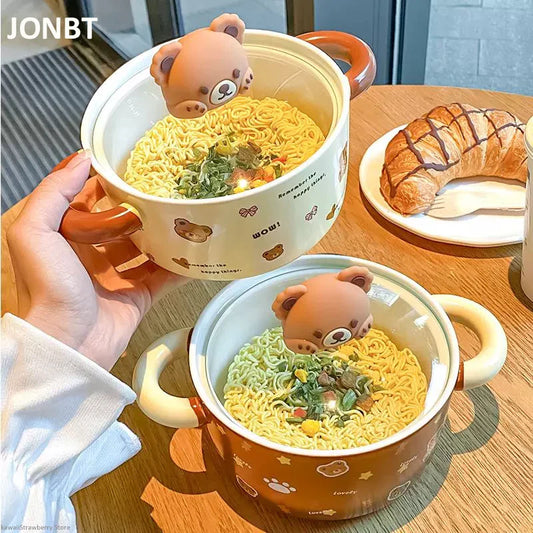 Ceramic Bear Ramen Bowl With Lid