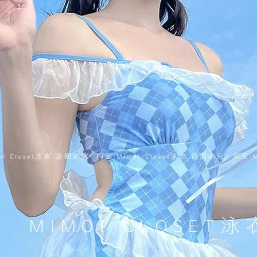 Cute Blue Argyle One Piece Swimsuit