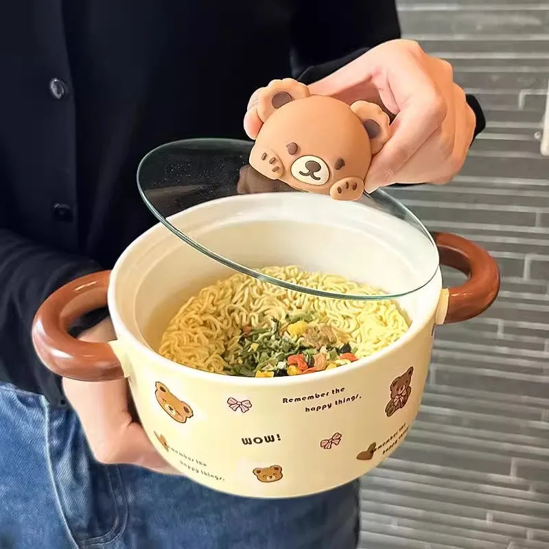 Ceramic Bear Ramen Bowl With Lid