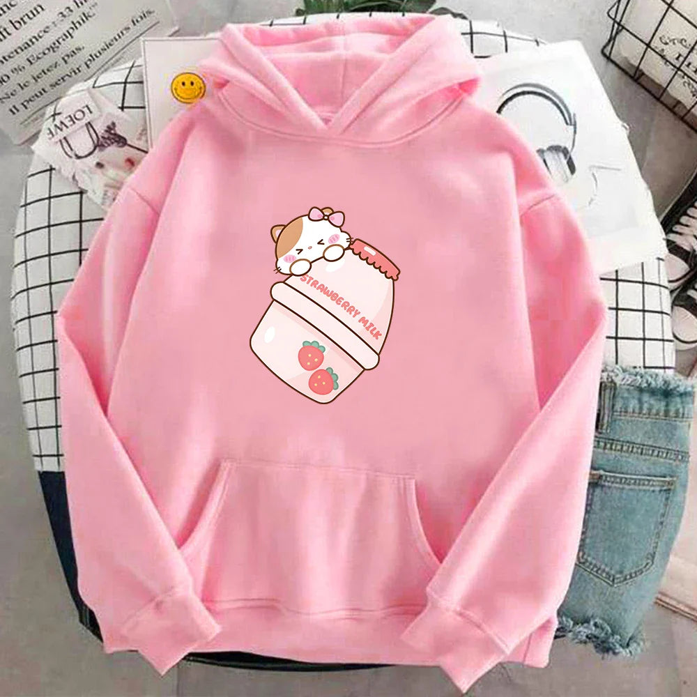 Cute Strawberry Milk Kitty Hoodie