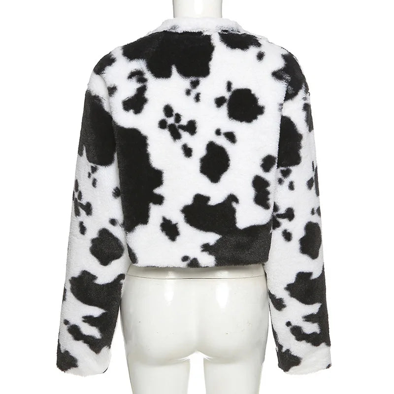 Cow Print Faux Furry Cropped Coat