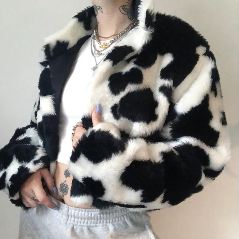 Cow Print Faux Furry Cropped Coat