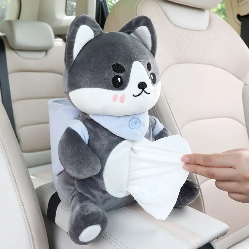 Plush Animal Car Tissue Box & Garbage Can