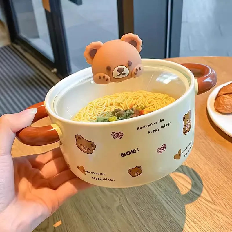 Ceramic Bear Ramen Bowl With Lid