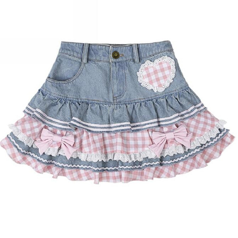 Gingham & Denim Ruffled Skirt