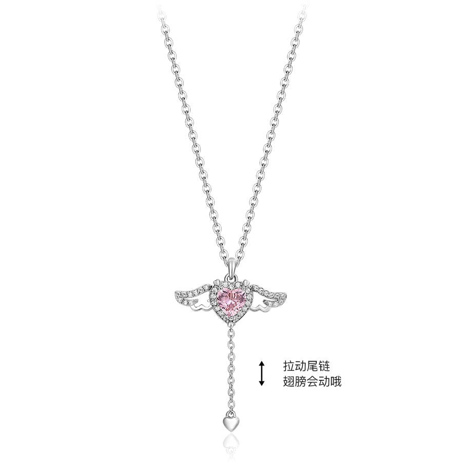 Pink Crystal Heart Angel Wings Pendant Necklace