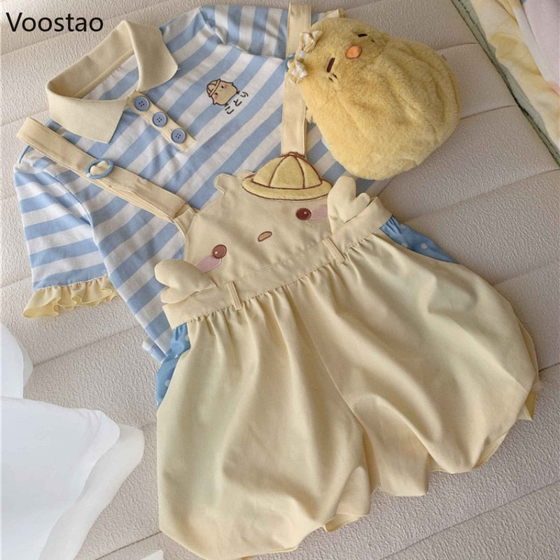 Baby Chick Embroidery Overalls Shorts