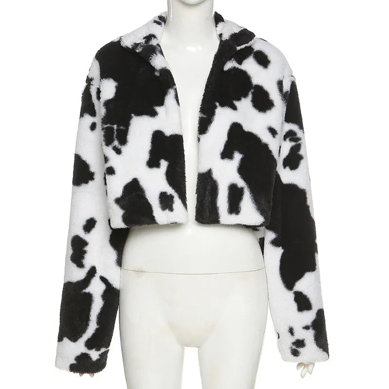 Cow Print Faux Furry Cropped Coat