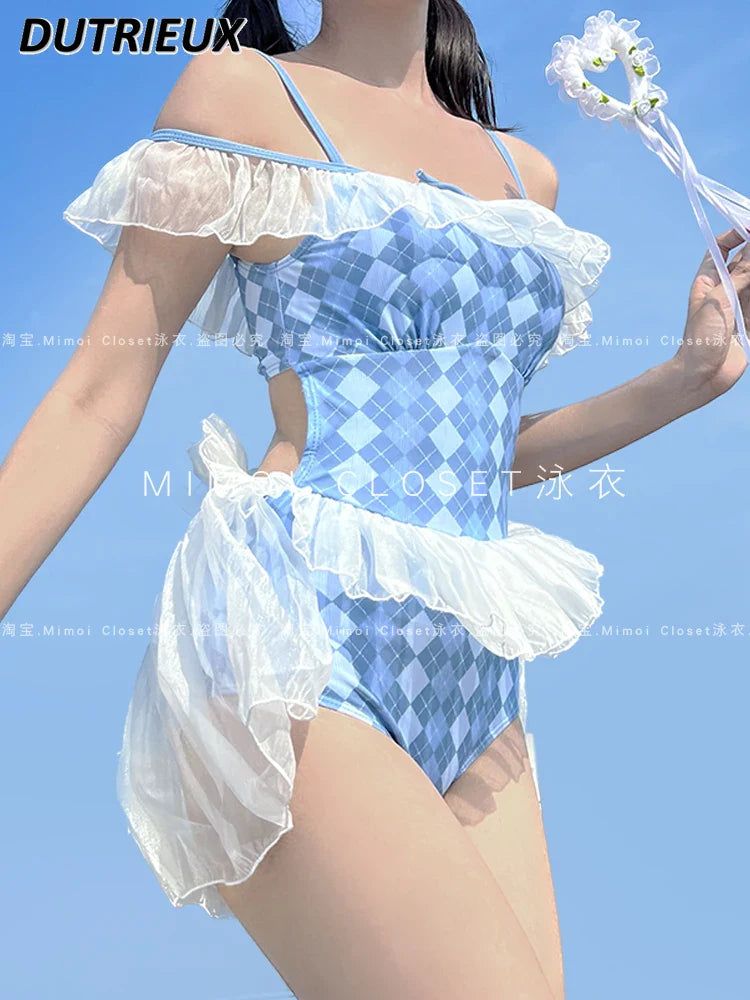 Cute Blue Argyle One Piece Swimsuit