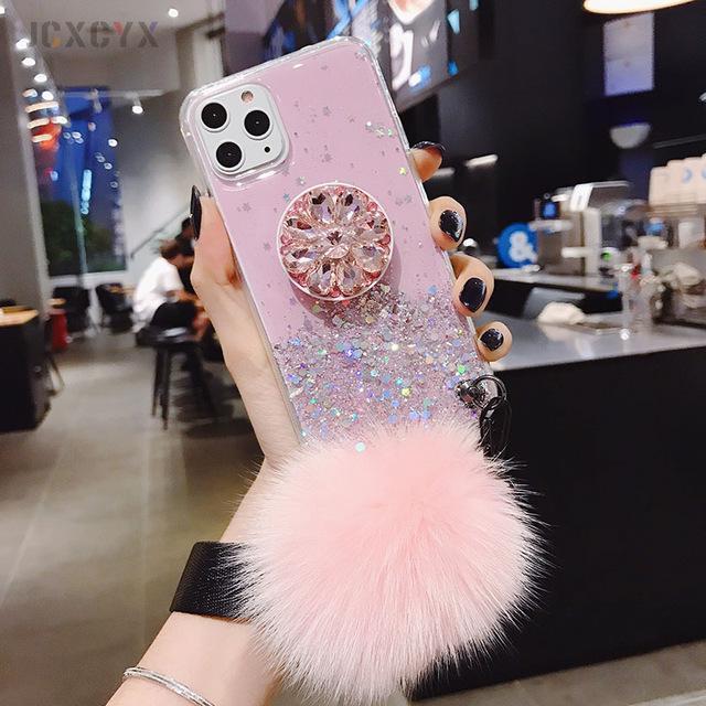 Glitter Phone Case with Holder Stand and Pink Poof