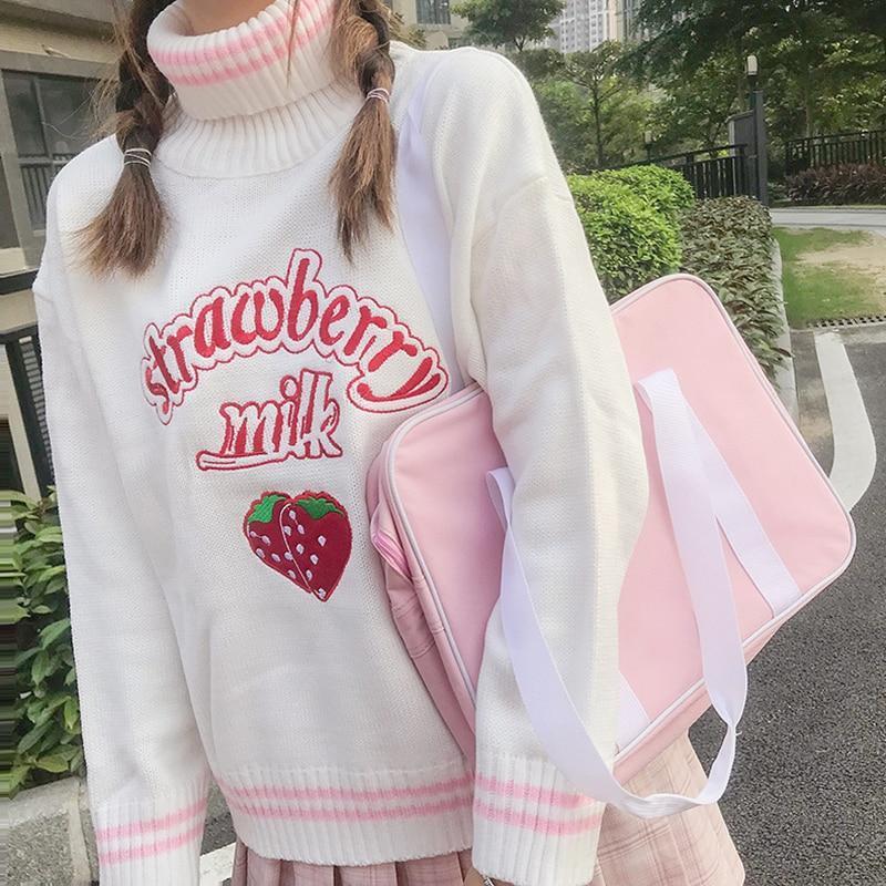 Strawberry Milk Turtleneck Knitted Sweater